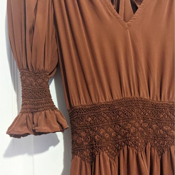 Love Sam Blixen Smocked Dress Cognac Silk Boho - Picture 3 of 12